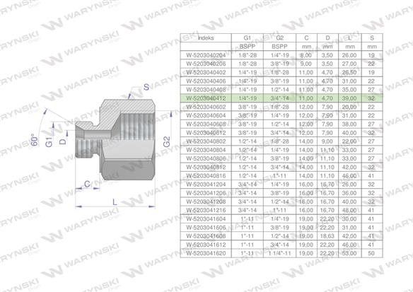 Tulejka różnicowa hydrauliczna calowa AB 1/4"GZ x 3/4"GW BSP Waryński ( sprzedawane po 2 )-169227