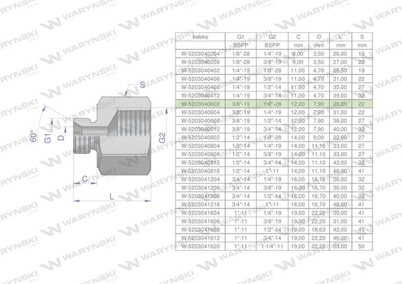 Tulejka różnicowa hydrauliczna calowa AB 3/8"GZ x 1/8"GW BSP Waryński ( sprzedawane po 2 )-169233