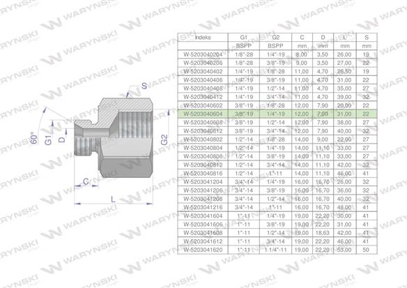 Tulejka różnicowa hydrauliczna calowa AB 3/8"GZ x 1/4"GW BSP Waryński ( sprzedawane po 2 )-169239