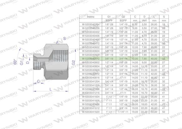 Tulejka różnicowa hydrauliczna calowa AB 3/8"GZ x 3/4"GW BSP Waryński ( sprzedawane po 2 )-169251
