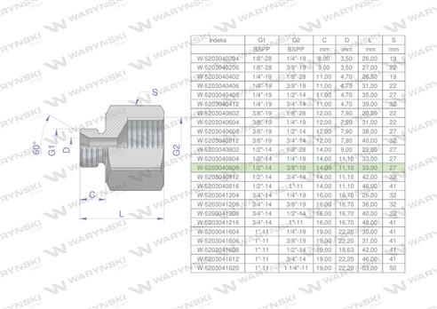 Tulejka różnicowa hydrauliczna calowa AB 1/2"GZ x 3/8"GW BSP Waryński ( sprzedawane po 2 )