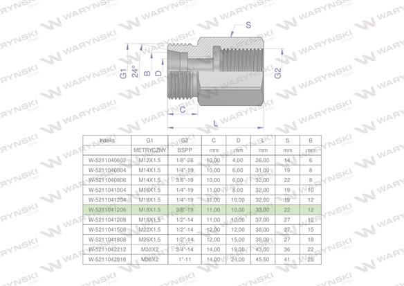 Tulejka różnicowa hydrauliczna AB M18x1.5 12L GZ x 3/8" BSP Waryński ( sprzedawane po 2 )-169403