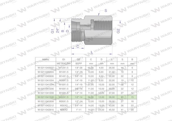 Tulejka różnicowa hydrauliczna AB M22x1.5 15L GZ x 1/2" BSP Waryński ( sprzedawane po 2 )-169415