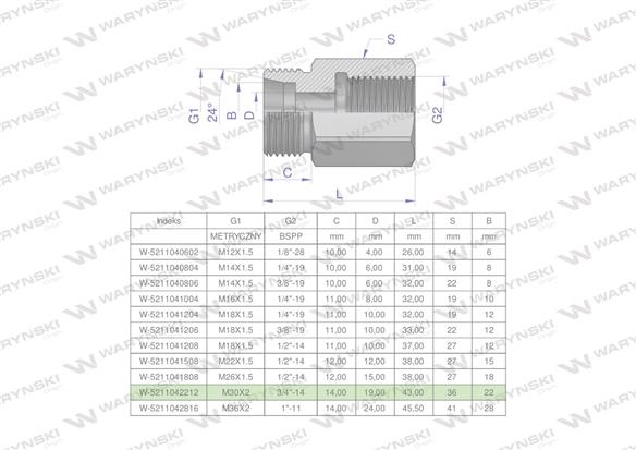 Tulejka różnicowa hydrauliczna AB M30x2 22L GZ x 3/4" BSP GW Waryński-169427