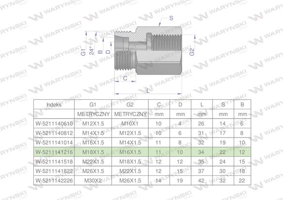Tulejka różnicowa hydrauliczna metryczna AB M18x1.5 12L GZ x M16x1.5 GW Waryński ( sprzedawane po 2 )-169355