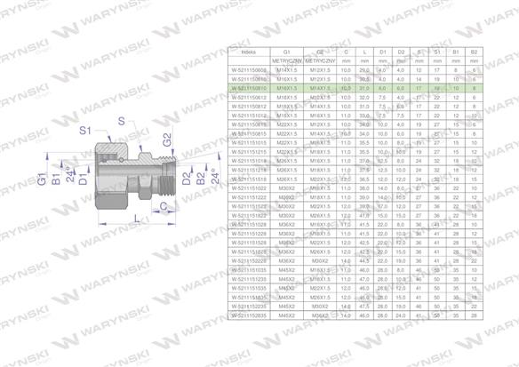 Złączka hydrauliczna metryczna AB (XKOR) A-M16x1.5 10L / B-M14x1.5 08L Waryński ( sprzedawane po 2 )-170617