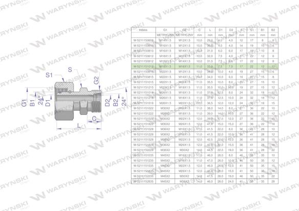 Złączka hydrauliczna metryczna AB (XKOR) A-M18x1.5 12L / B-M16x1.5 10L Waryński ( sprzedawane po 2 )-170635