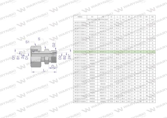 Złączka hydrauliczna metryczna AB (XKOR) A-M26x1.5 18L / B-M16x1.5 10L Waryński-170647