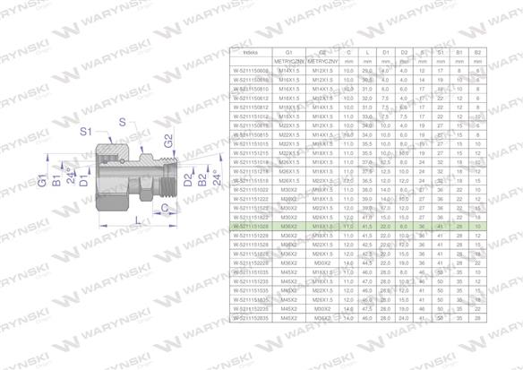 Złączka hydrauliczna metryczna AB (XKOR) A-M36x2 28L / B-M16x1.5 10L Waryński-170659