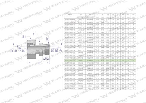 Złączka hydrauliczna metryczna AB (XKOR) A-M30x2 22L / B-M26x1.5 18L Waryński