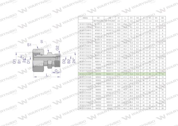 Złączka hydrauliczna metryczna AB (XKOR) A-M30x2 22L / B-M26x1.5 18L Waryński