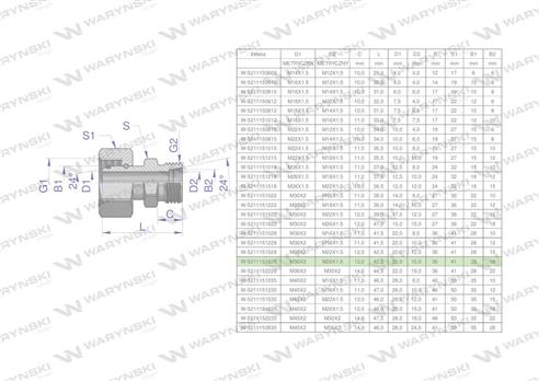 Złączka hydrauliczna metryczna AB (XKOR) A-M36x2 28L / B-M26x1.5 18L Waryński