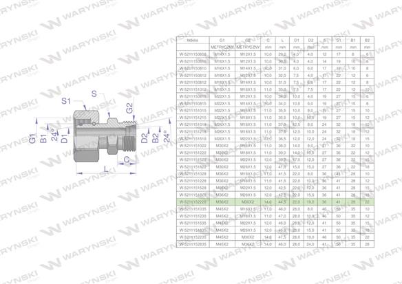 Złączka hydrauliczna metryczna AB (XKOR) A-M36x2 28L / B-M30x2 22L Waryński