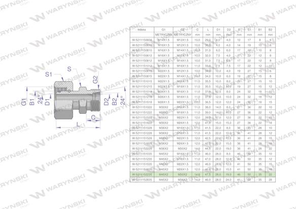 Złączka hydrauliczna metryczna AB (XKOR) A-M45x2 35L / B-M30x2 22L Waryński