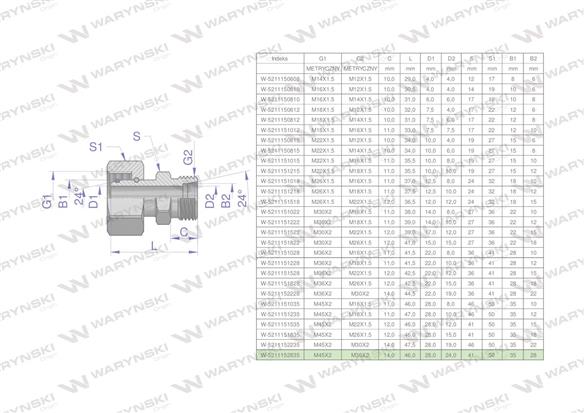 Złączka hydrauliczna metryczna AB (XKOR) A-M45x2 35L / B-M36x2 22L Waryński