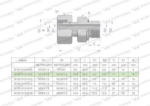 Przyłączka hydrauliczna metryczna AB (EVGE) M14x1.5 08L x M12x1.5 ED Waryński ( sprzedawane po 2 )