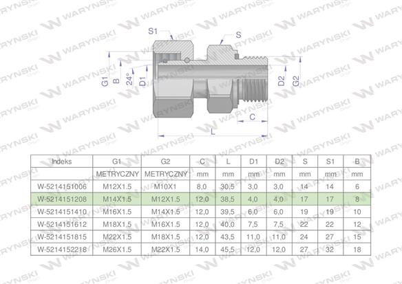 Przyłączka hydrauliczna metryczna AB (EVGE) M14x1.5 08L x M12x1.5 ED Waryński ( sprzedawane po 2 )-168870