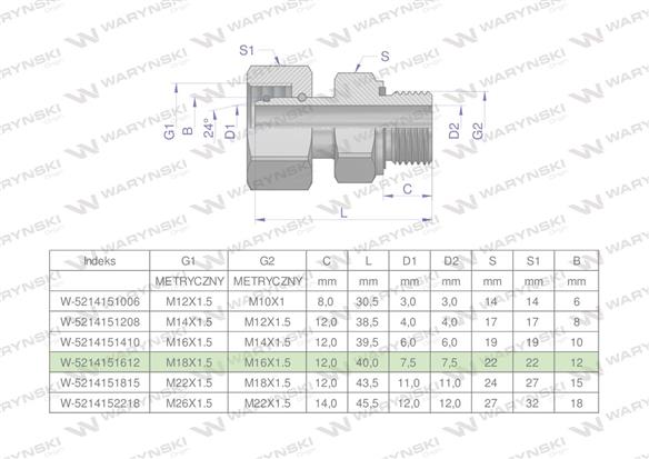 Przyłączka hydrauliczna metryczna AB (EVGE) M18x1.5 12L x M16x1.5 ED Waryński ( sprzedawane po 2 )-168882