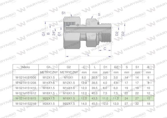 Przyłączka hydrauliczna metryczna AB (EVGE) M22x1.5 15L x M18x1.5 ED Waryński ( sprzedawane po 2 )-168888