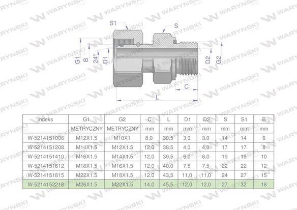 Przyłączka hydrauliczna metryczna AB (EVGE) M26x1.5 18L x M22x1.5 ED Waryński ( sprzedawane po 2 )-168894