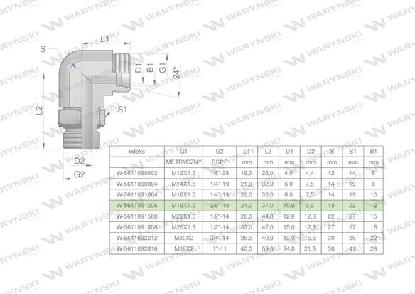 Kolanko hydrauliczne nastawne BB M18x1.5 12L x 3/8"BSP z regulacją Waryński ( sprzedawane po 2 )-168593
