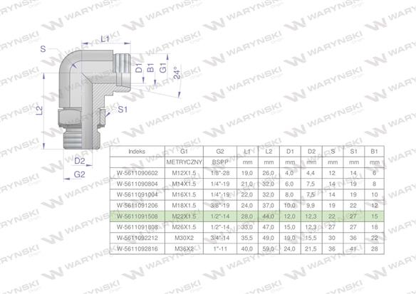 Kolanko hydrauliczne nastawne BB M22x1.5 15L x 1/2"BSP z regulacją Waryński ( sprzedawane po 2 )-168599