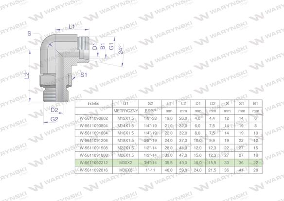 Kolanko hydrauliczne nastawne BB M30x2 22L x 3/4"BSP z regulacją Waryński-168611