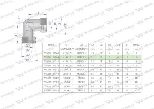 Kolanko hydrauliczne metryczne BB M14x1.5 08L (XW) Waryński ( sprzedawane po 5 )