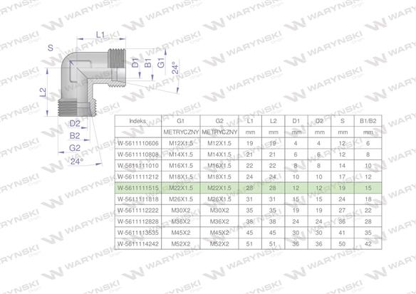 Kolanko hydrauliczne metryczne BB M22x1.5 15L (XW) Waryński ( sprzedawane po 5 )-170897