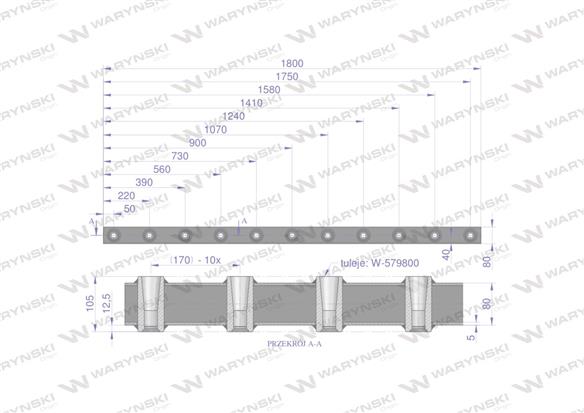 Belka do wideł ładowacza 1800mm na zęby proste i krokodyl 11 tulejek Waryński