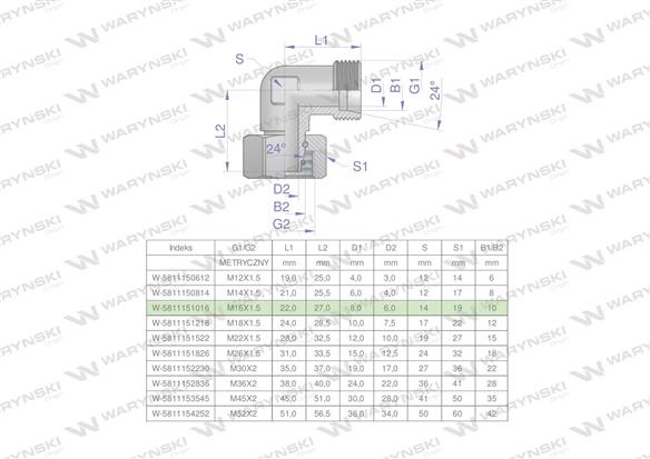 Kolanko hydrauliczne metryczne AB M16x1.5 10L (XEVW) Waryński ( sprzedawane po 5 )