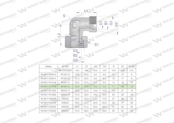 Kolanko hydrauliczne metryczne AB M18x1.5 12L (XEVW) Waryński ( sprzedawane po 50 )