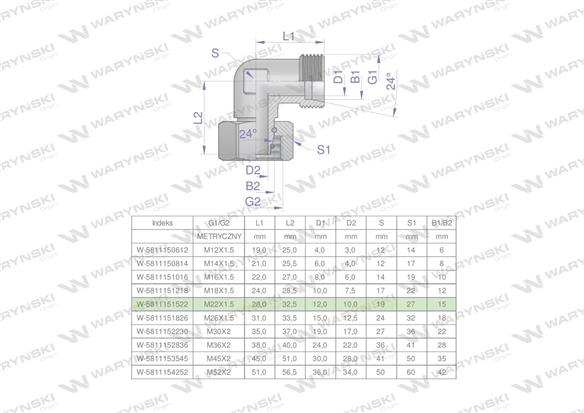 Kolanko hydrauliczne metryczne AB M22x1.5 15L (XEVW) Waryński ( sprzedawane po 5 )-169665