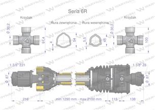 Wał przegubowo-teleskopowy 1290-2100mm 830Nm sprzęgło zapadkowe 1200 Nm Z21 dr. st. szerokokątny CE 2020 seria 6R Waryński