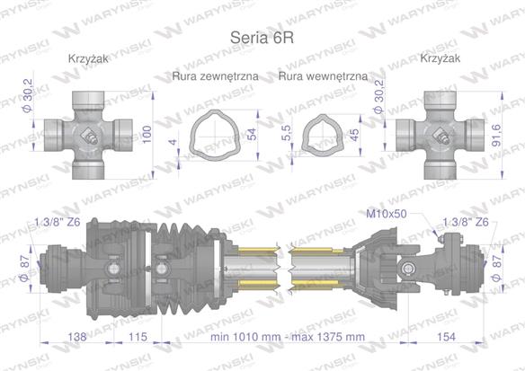 Wał przegubowo-teleskopowy 1010-1375mm 830Nm szerokokątny dr. st. sprzęgło z kołkiem 2500 Nm CE 2020 seria 6R Waryński