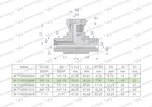 Trójnik hydrauliczny symetryczny calowy BAB 3/8" BSP (XEVT) Waryński-169535