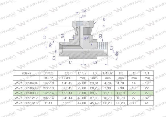 Trójnik hydrauliczny symetryczny calowy BAB 1/2" BSP (XEVT) Waryński-169541