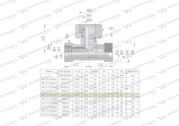 Trójnik hydrauliczny symetryczny metryczny BAB M22x1.5 15L (XEVT) Waryński ( sprzedawane po 5 )-169607