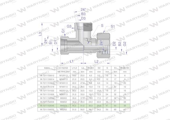 Trójnik hydrauliczny niesymetryczny metryczny BBA M45x3 35L (XEVL) Waryński