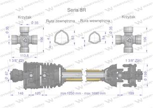 Wał przegubowo-teleskopowy 1250-1690mm 1240Nm szerokokątny Z21 z drugiej strony sprzęgło cierne 2000 Nm Z21 CE 2020 seria 8R War