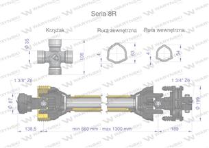 Wał przegubowo-teleskopowy 860-1300mm 1240Nm sprzęgło cierne 1700Nm Z6 - 1 3/4 CE 2020 seria 8R Waryński