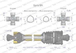 Wał przegubowo-teleskopowy 1310-2050mm 1240Nm szerokokątny CE 2020 seria 8R Waryński