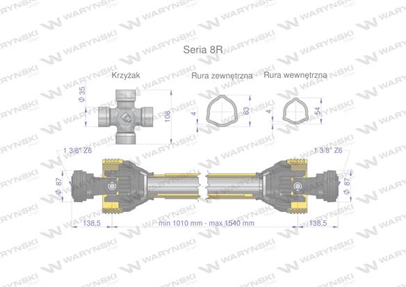 Wał przegubowo-teleskopowy 1010-1540mm 1240Nm CE 2020 seria 8R Waryński