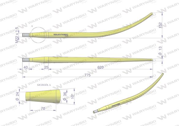 Ząb ładowacza wygięty zamykający L- 780 mm chwytak (krokodyl) Tur WARYŃSKI