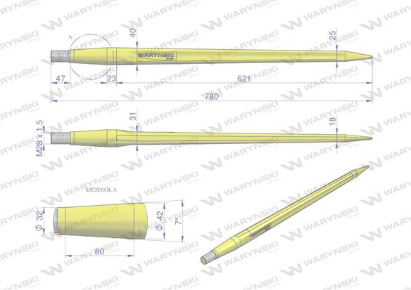 Ząb ładowacza CIĘŻKI uniwersalny prosty L- 780 mm Tur na tuleję W-5791200 WARYŃSKI