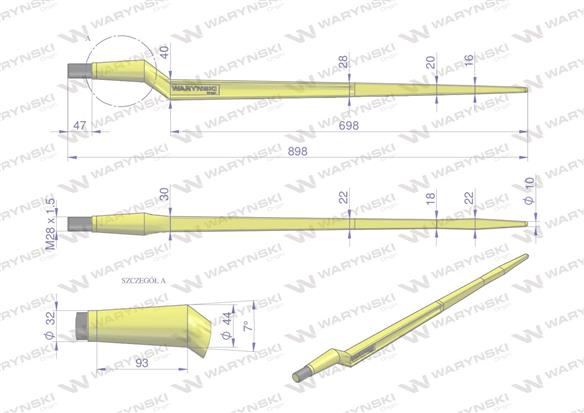 Ząb ładowacza CIĘŻKI uniwersalny Z L- 880 mm Tur na tuleję W-5791200 WARYŃSKI