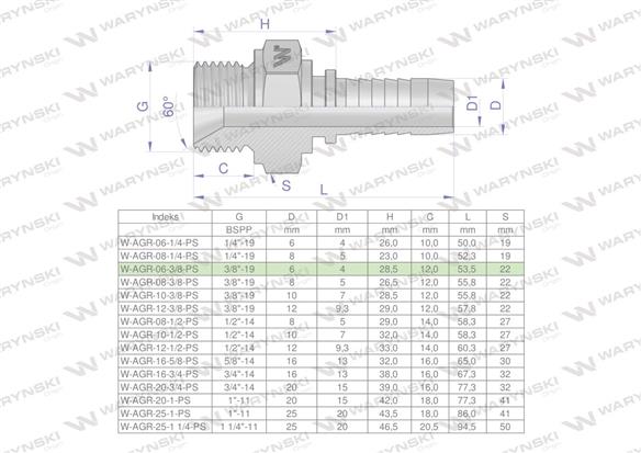 Zakucie hydrauliczne AGR DN06 3/8"-19 PREMIUM Waryński ( sprzedawane po 10 )