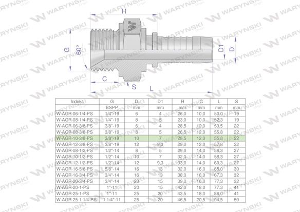 Zakucie hydrauliczne AGR DN10 3/8"-19 PREMIUM Waryński ( sprzedawane po 10 )