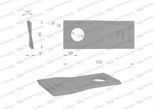 Nóż. nożyk kosiarka lewy 100x40x3mm otwór 19 zastosowanie 580290966 BCS Sipma WARYŃSKI ( sprzedawane po 25 )