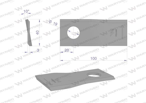 Nóż. nożyk kosiarka lewy 100x40x3mm otwór 19 zastosowanie 580290966 BCS Sipma WARYŃSKI ( sprzedawane po 25 )